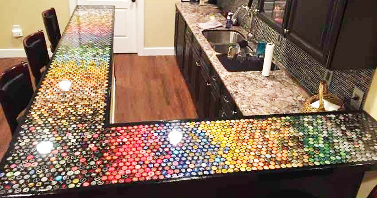 Man Collects Bottle Caps for 5 Years And Turns Them Into A DIY Counter Top That's Totally Sweet