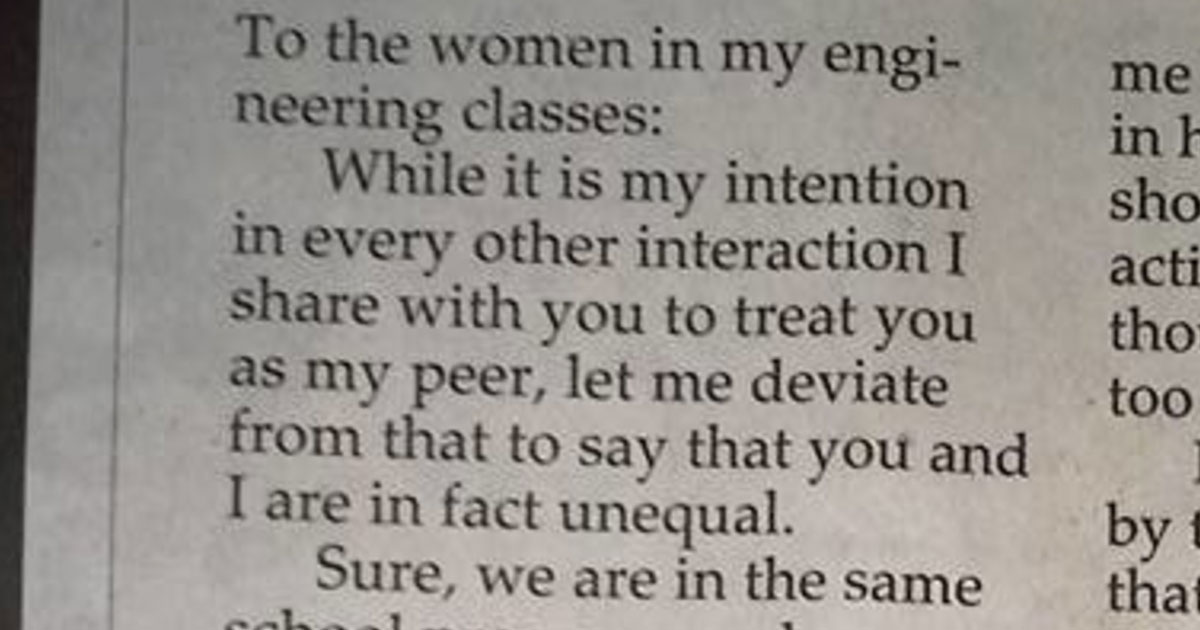 Male Engineering Student Writes A Letter Explaining Why His Female Classmates Aren’t His Equals
